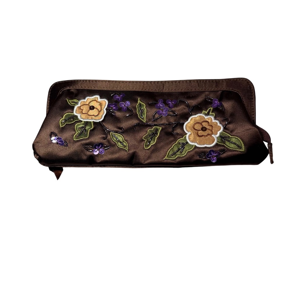 Avon Brown Satin Floral Embroidered Sequin Clutch Evening Bag Vintage Style